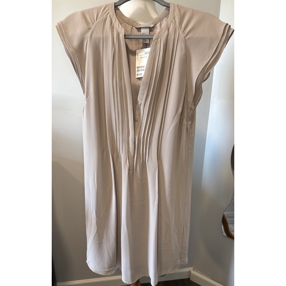 H&M Shift Dress Womens 4 Beige Pintuck Pleated Cap Sleeve Back Drawstring NEW
